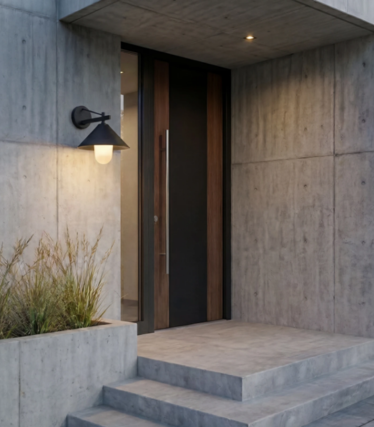 Zwarte buitenwandlamp met warm licht naast een houten voordeur in een betonnen gevel.