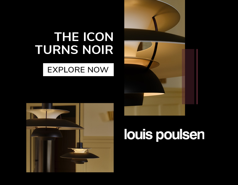 Advertisement featuring black Louis Poulsen pendant lamps with the text ‘The Icon Turns Noir,’ a button labeled ‘Explore Now,’ and the Louis Poulsen logo.