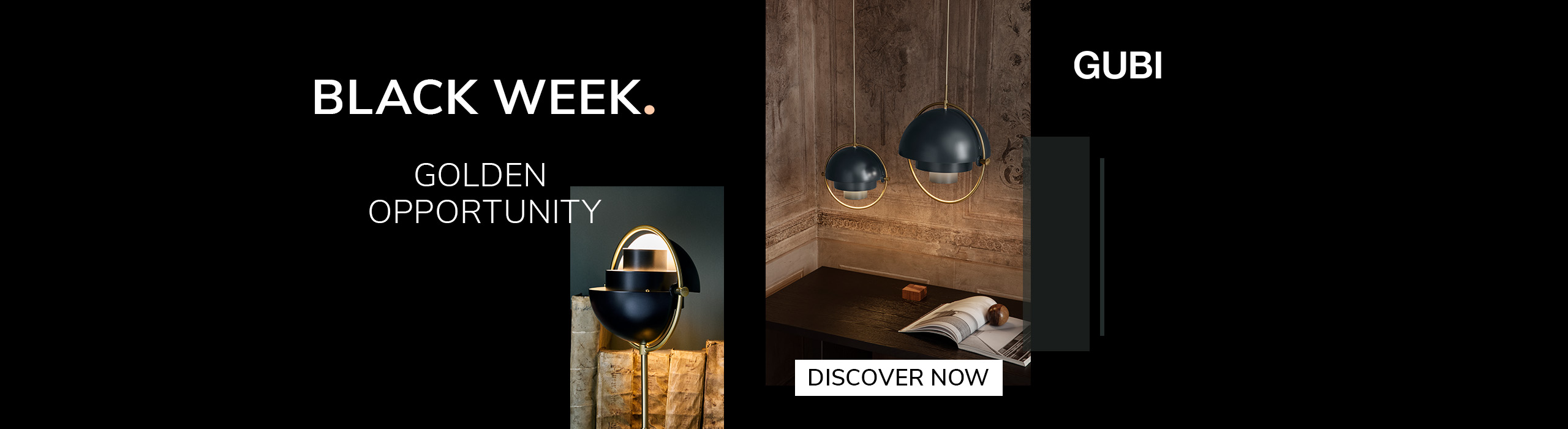 Two modern pendant lamps with dark blue domes and gold accents hanging above a wooden desk in a warmly lit, ornate room. Text reads: ‘Black Week. Golden Opportunity. GUBI.’ A button says ‘Discover Now.